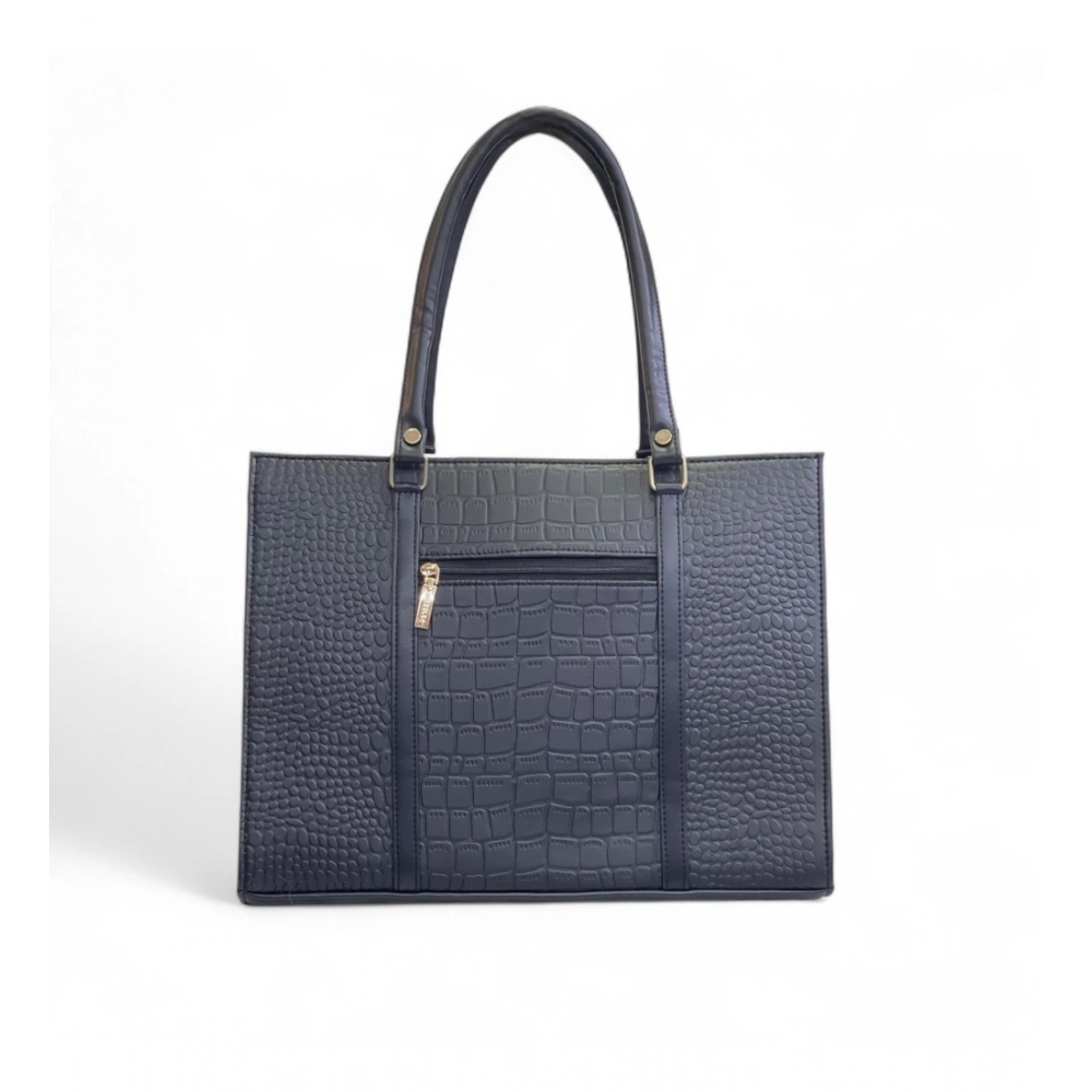 Women's Polyurethane Croco Shoulder Tote Bag (Black) - Image 3