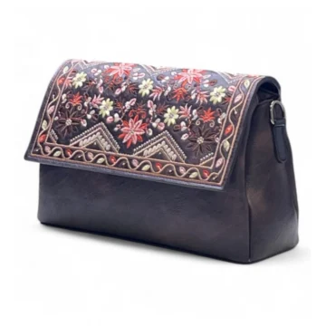Women's Polyurethane Floral Embroidered Crossbody Sling Bag with Adjustable & Removable Strap (Coffee)