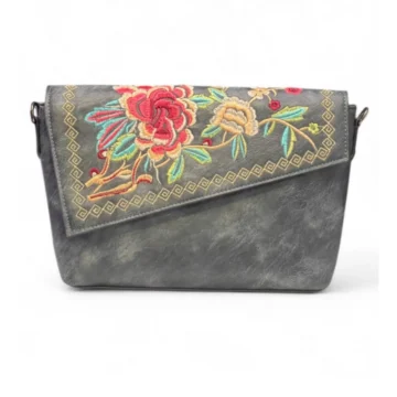 Women's Polyurethane Floral Embroidered Crossbody Sling Bag with Adjustable & Removable Strap (Grey)
