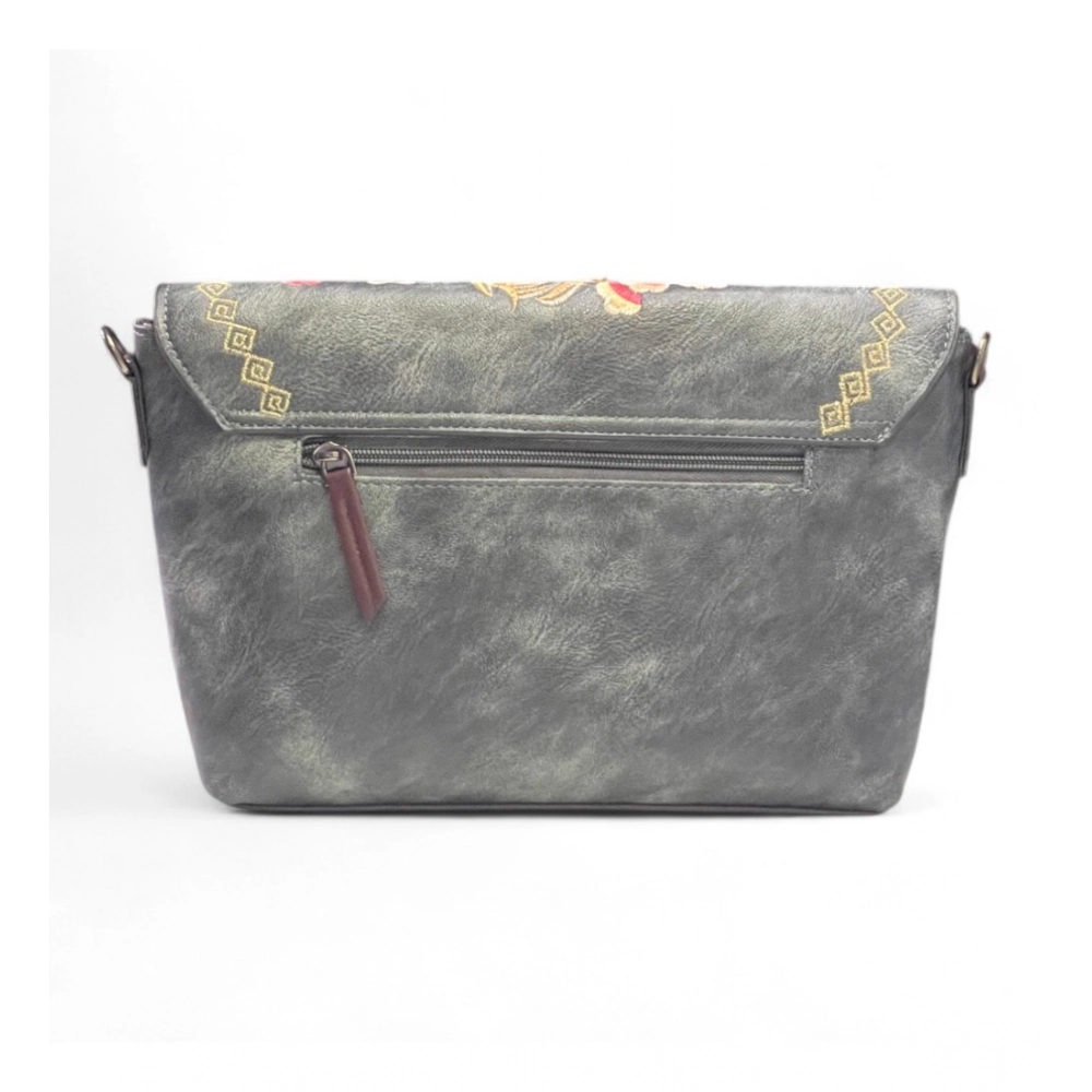 Women's Polyurethane Floral Embroidered Crossbody Sling Bag with Adjustable & Removable Strap (Grey) - Image 5