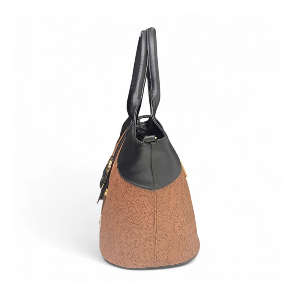 Women's Polyurethane Textured Two-Tone Tote Handbag with Adjustable & Removable Strap (Brown) - Image 4