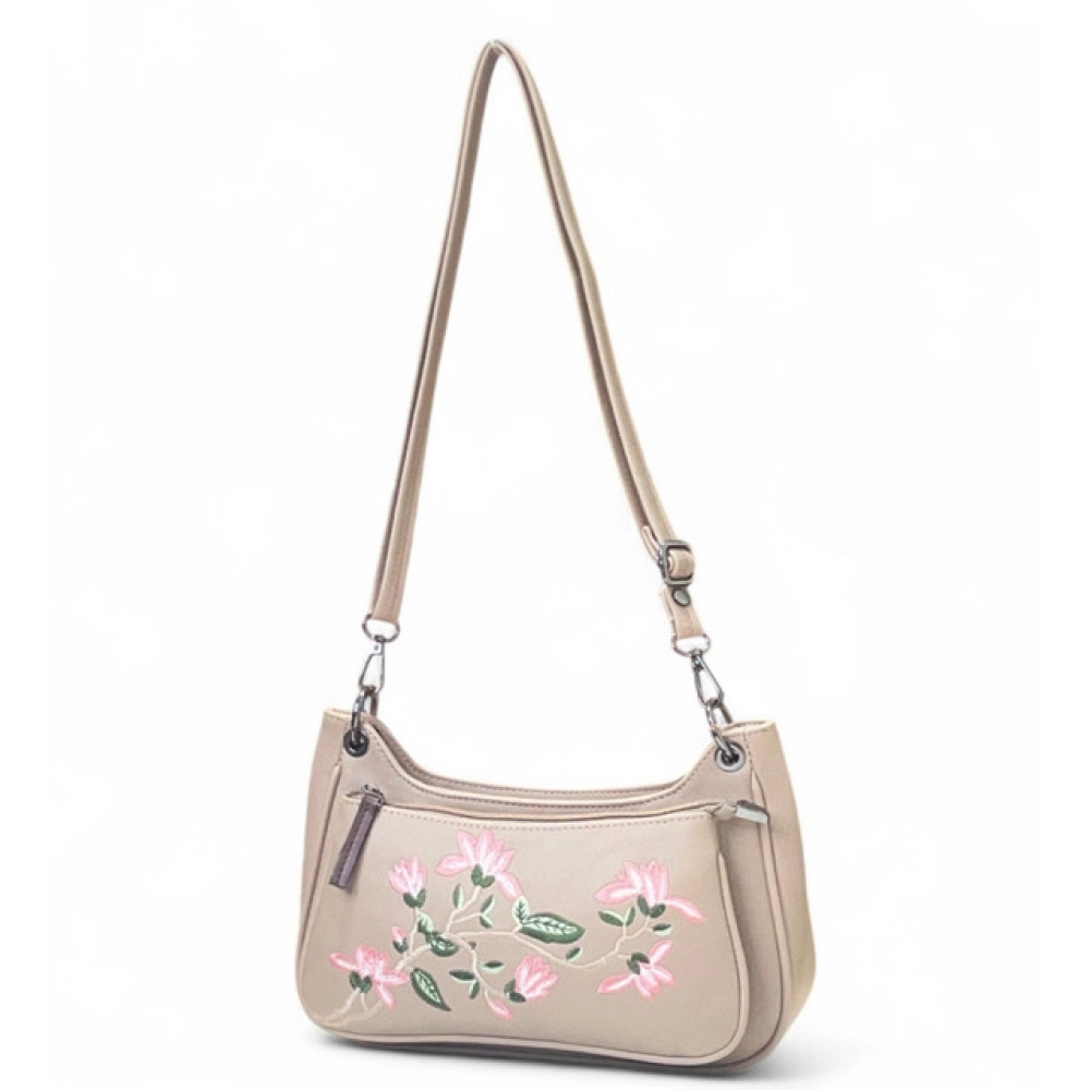 Women's Polyurethane Floral Embroidered Crossbody Sling Bag with Adjustable & Removable Strap (Beige) - Image 2