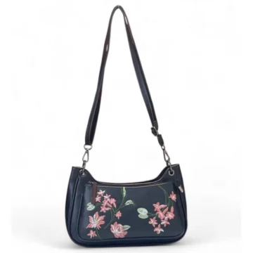 Women's Polyurethane Floral Embroidered Crossbody Sling Bag with Adjustable & Removable Strap (Black)