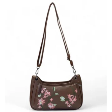 Women's Polyurethane Floral Embroidered Crossbody Sling Bag with Adjustable & Removable Strap (Brown)
