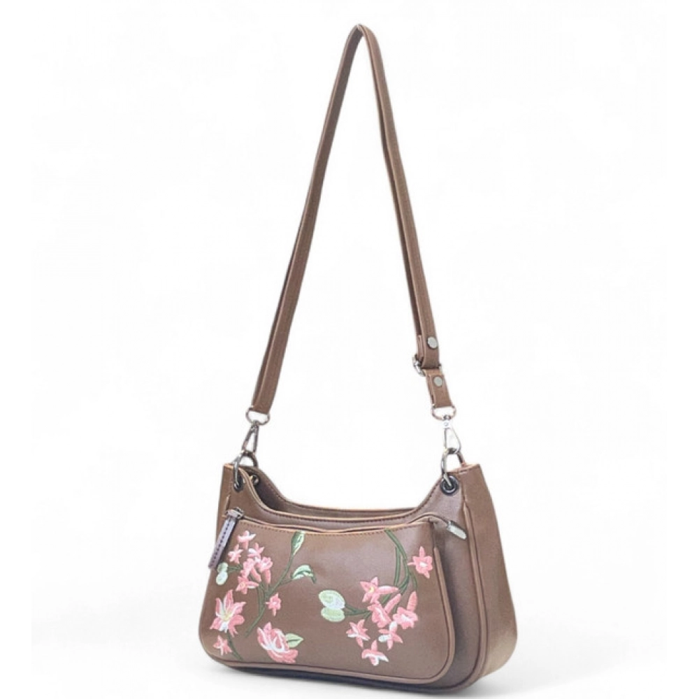 Women's Polyurethane Floral Embroidered Crossbody Sling Bag with Adjustable & Removable Strap (Brown) - Image 2