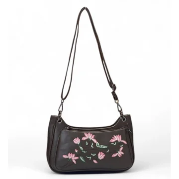 Women's Polyurethane Floral Embroidered Crossbody Sling Bag with Adjustable & Removable Strap (Dark Brown)