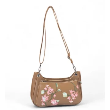 Women's Polyurethane Floral Embroidered Crossbody Sling Bag with Adjustable & Removable Strap (Tan)