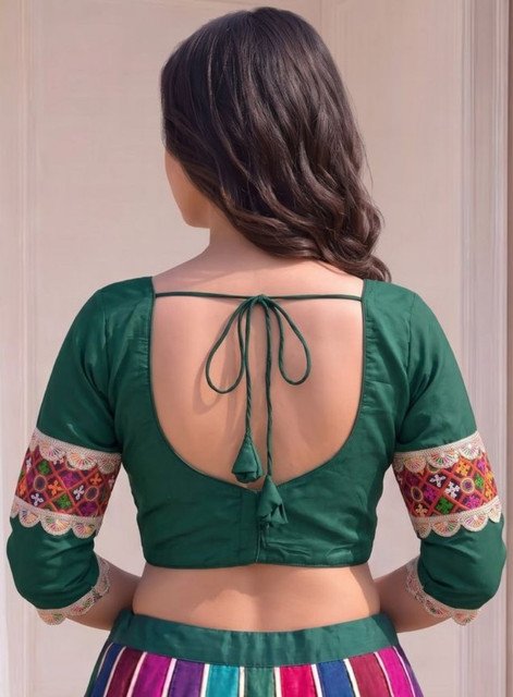 Women's Cotton Blend Embroidered 3/4 Sleeve V-Neck Padded Readymade Blouse (Green, Size 38 - Self-Alterable 36�40) - Image 4