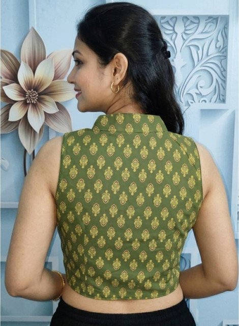 Women's Ajrakh Cotton Ajarkh Sleeveless Collar Neck Padded Readymade Blouse (Olive, Size 38 - Self-Alterable 36�40) - Image 4