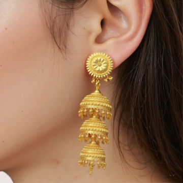 Triple-Tiered Gold Jhumka Earrings