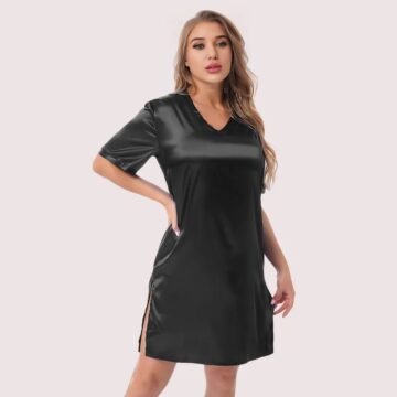 Silk satin sexy black short sleepwear